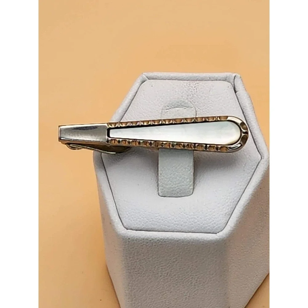Vtg NIPPY Clip STRATTON Made In England Mother Of Pearl Silver Tone Tie Clip Bar
